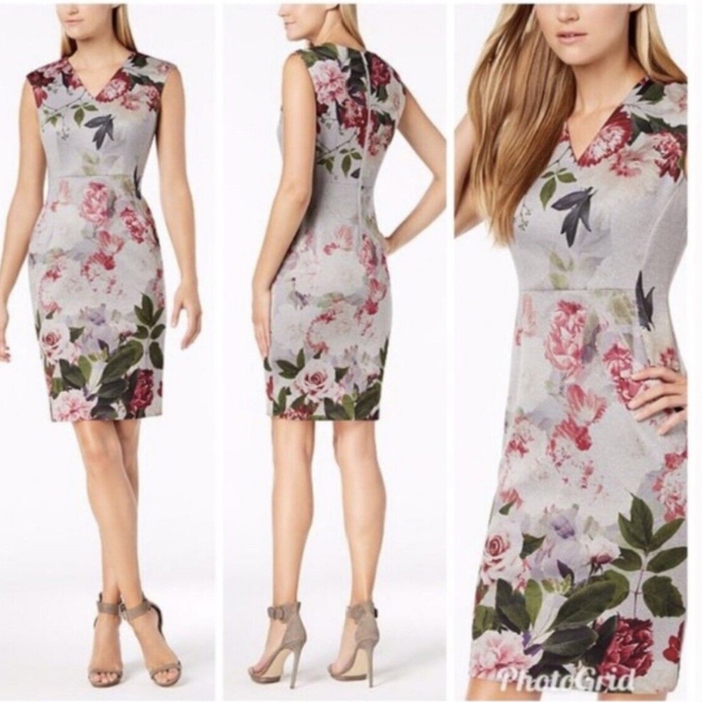 Calvin Klein Gray and Berry Floral Print V Neck Sheath Dress